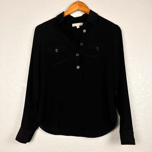 Banana Republic Blouse Womens XS Black 100% Silk Popover Roll Tab Sleeves - Picture 1 of 5